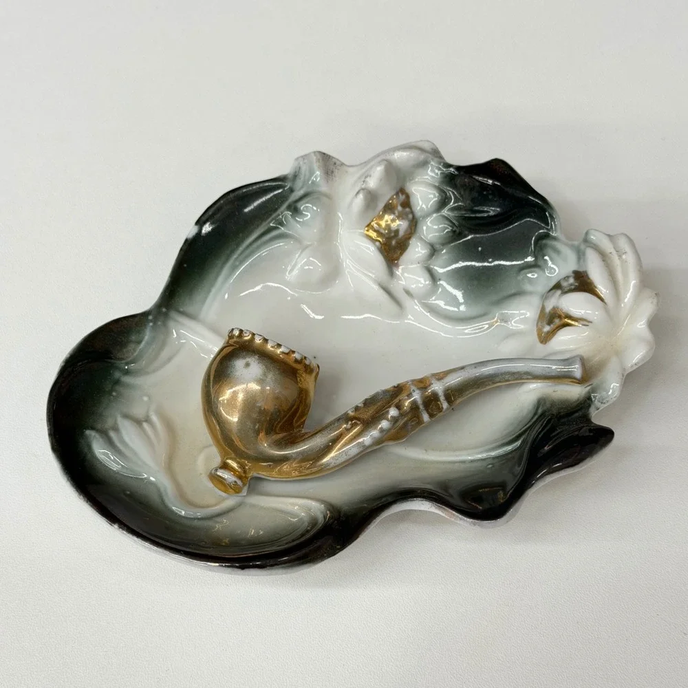 Vintage Porcelain Pipe Ashtray Trinket Dish Green Ombre Gold Gilt Figural 4.5